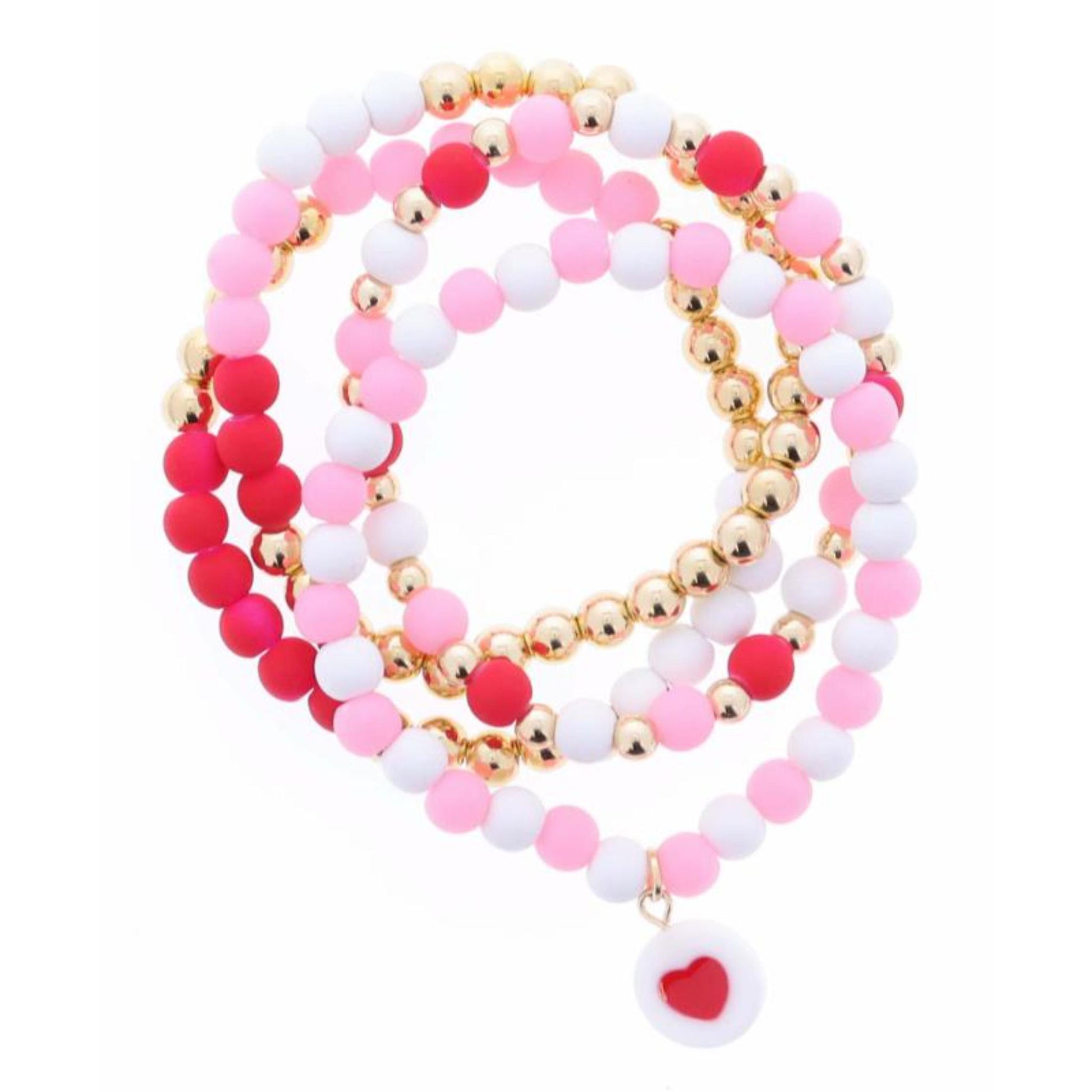 Kids Set of 4, Gold & Ball Beaded, Pink, White & Red with Red Heart Circle Charm Stretch Bracelet