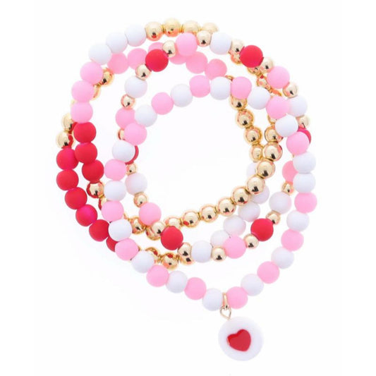 Kids Set of 4, Gold & Ball Beaded, Pink, White & Red with Red Heart Circle Charm Stretch Bracelet