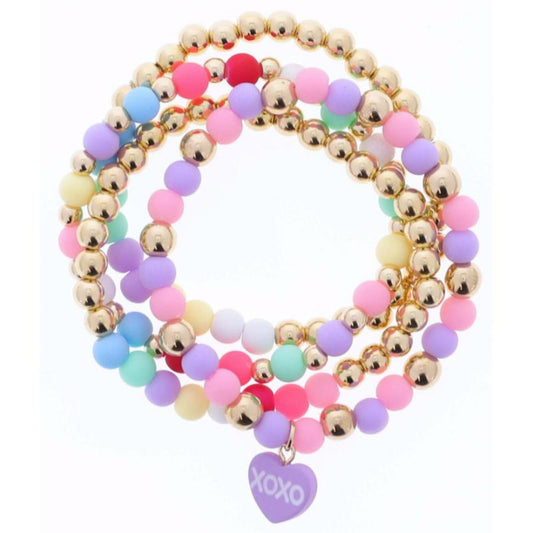 Kids Set of 4, Gold & Ball Beaded, Multi Colored with Purple "XOXO" Heart Charm Stretch Bracelet