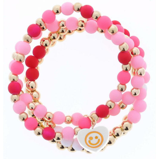 Kids Set of 4, Gold & Ball Beaded, Multi Colored & White Heart with Smiley Face Stretch Bracelet
