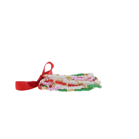 Green, Red, Pink, White Multi Beaded Stretch Bracelet
