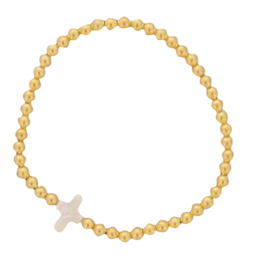 18K Gold Plated Beaded Stretch Bracelet with Salt Water Pearl Cross