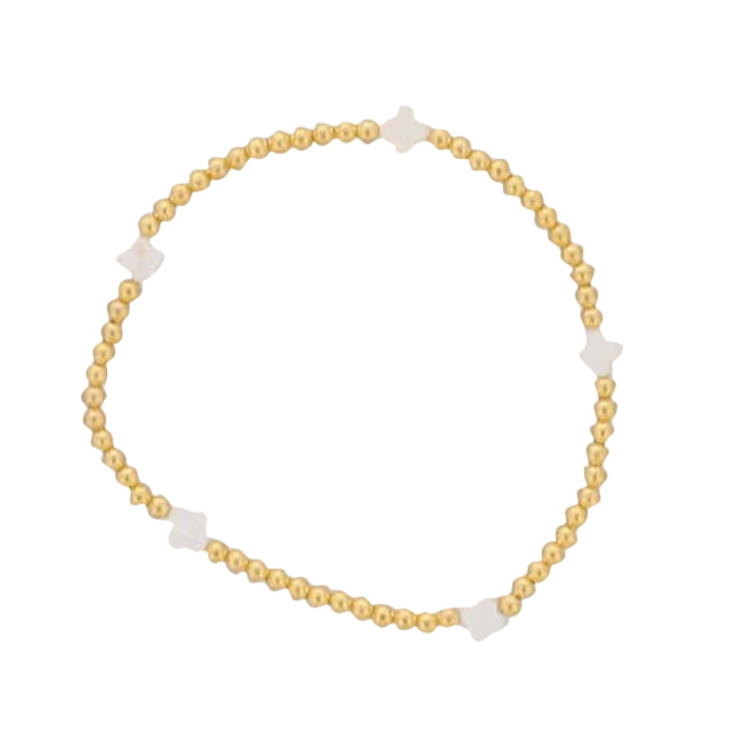 18K Gold Plated Beaded Stretch Bracelet with Salt Water Pearl Clover