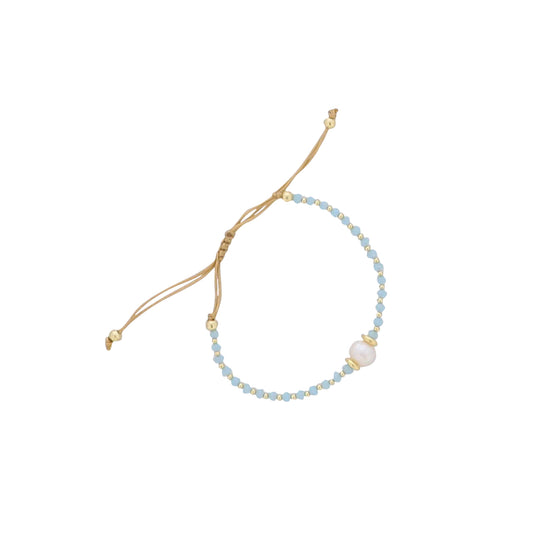 18K Gold Plated Light Blue Glass Beaded Bracelet with Fresh Water Pearl