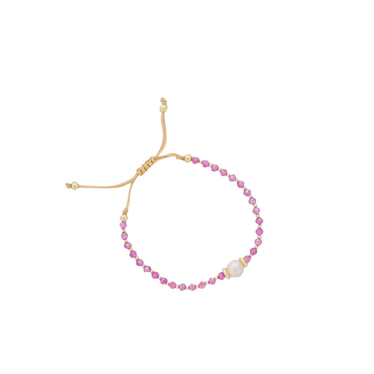 18K Gold Plated Hot Pink Glass Beaded Bracelet with Fresh Water Pearl
