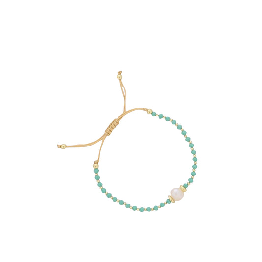 18K Gold Plated Mint Glass Beaded Bracelet with Fresh Water Pearl