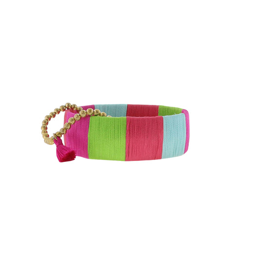 Set of 2, Wide Pink, Lime, Light Blue Threaded Stretch & Bangle Bracelets
