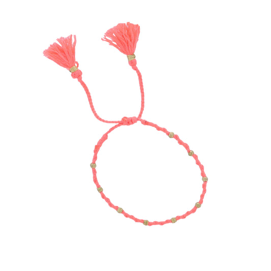 Bright Coral Twisted Braided Thread Bracelet with Gold Beads
