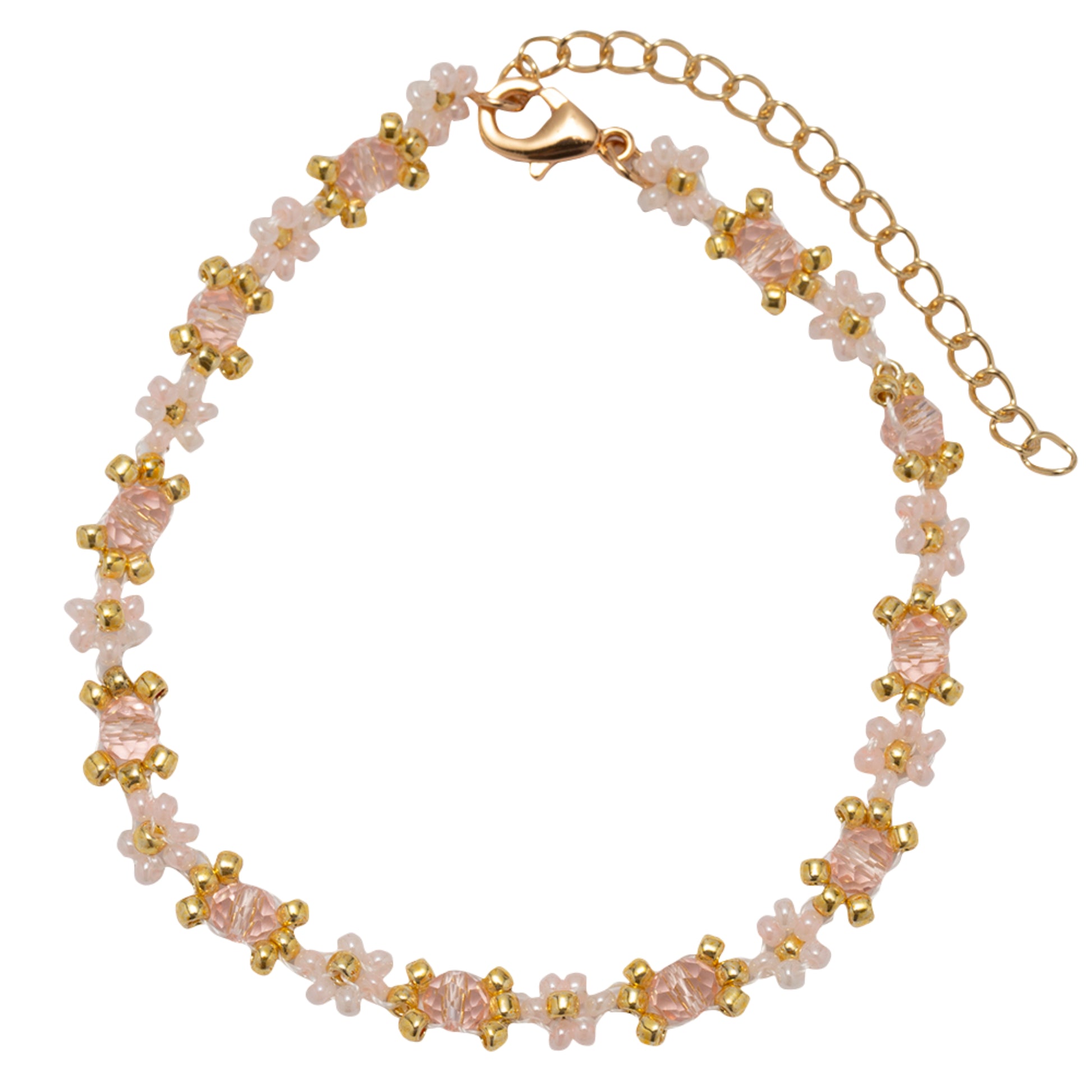 Light Pink Flower Beaded Bracelet with Light Pink Faceted Accents