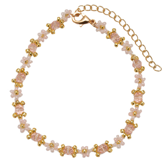 Light Pink Flower Beaded Bracelet with Light Pink Faceted Accents