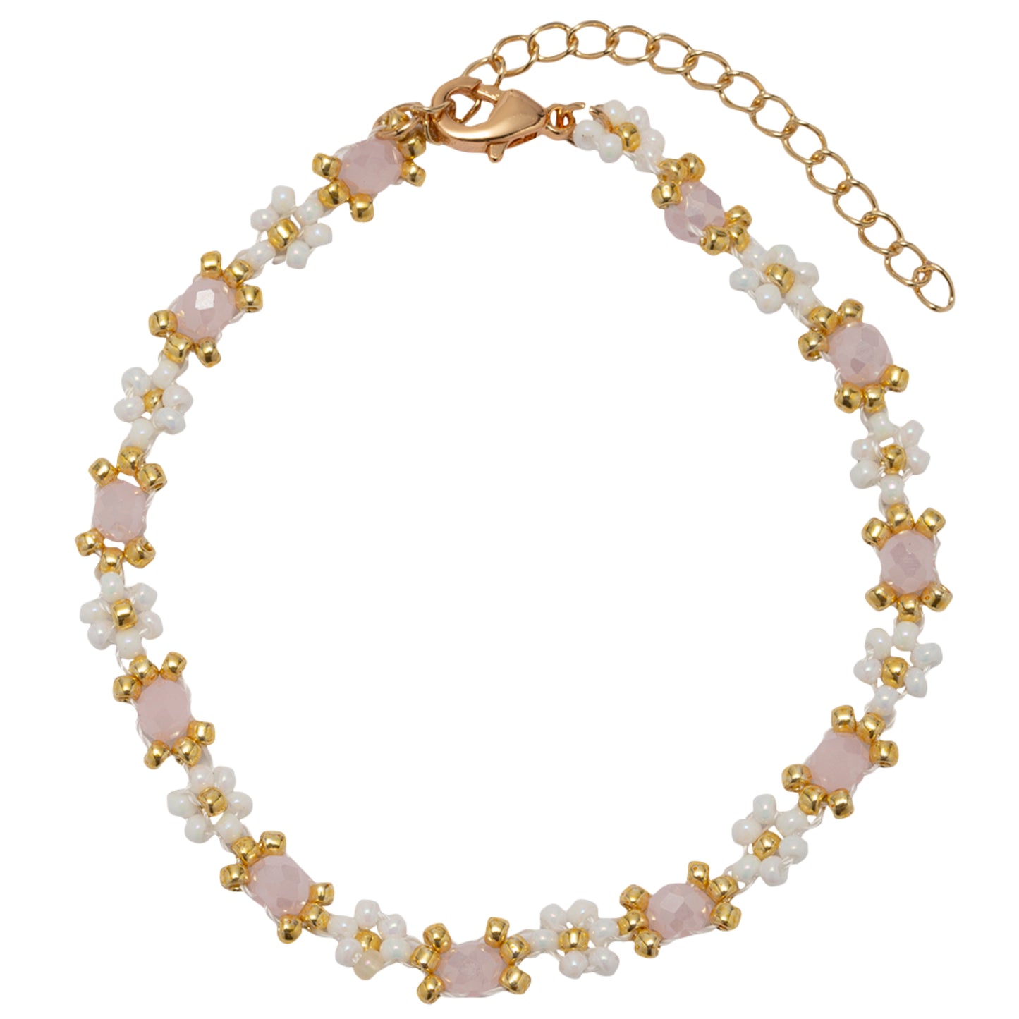 White Flower Beaded Bracelet with Pink Faceted Accents