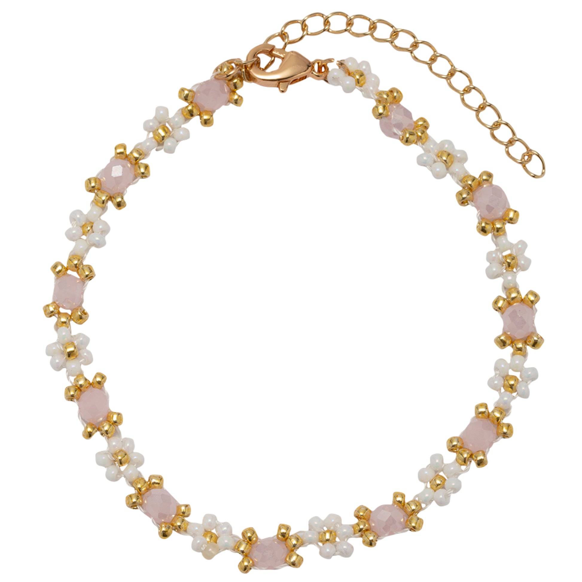 White Flower Beaded Bracelet with Pink Faceted Accents