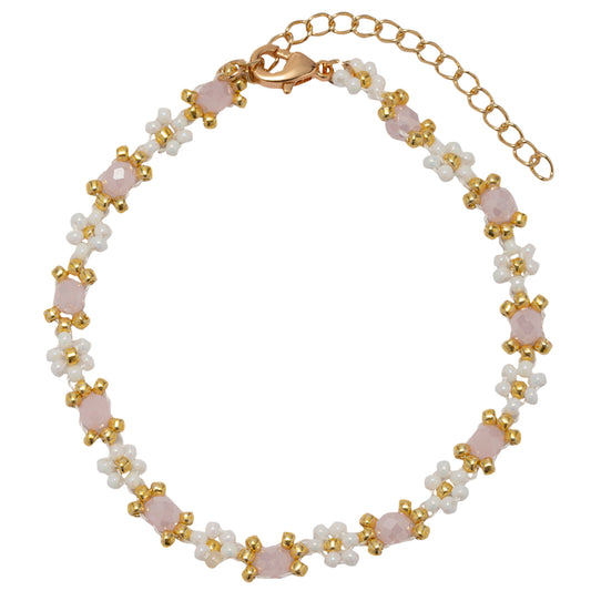 White Flower Beaded Bracelet with Pink Faceted Accents