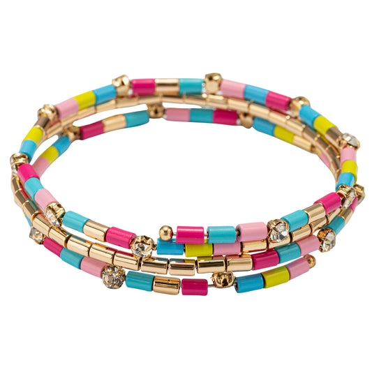 Hot Pink, Light Blue, Neon, Light Pink Coil Wrap Bracelet with Clear Crystal Accents