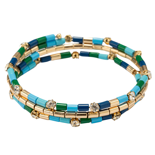 Blue, Green, Gold Coil Wrap Bracelet with Clear Crystal Accents