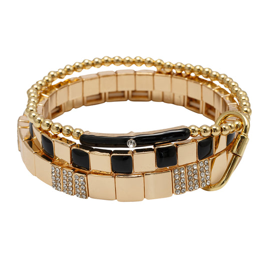 Set of 3 Gold Beaded Black Enamel Square Tiles with Crystal Rectangles & Black Enamel Bar Bracelet