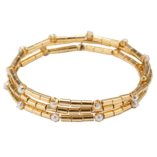 Gold Beaded with Pearl Accents Coil Wrap Bracelet
