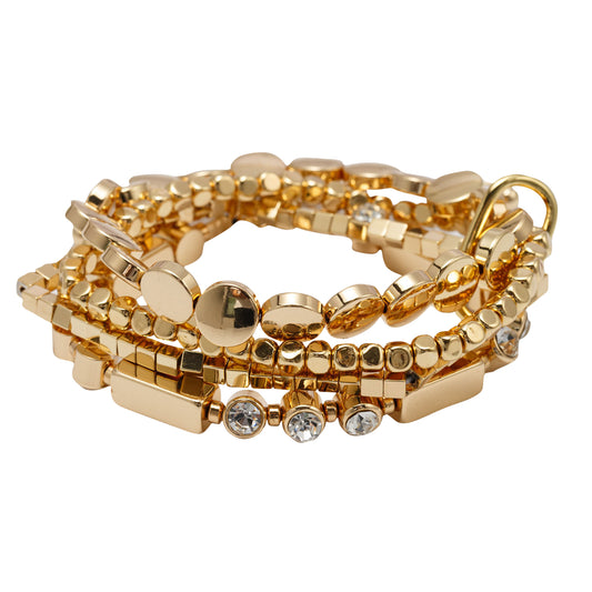 Set of 4 Gold Beaded Flat Disks, Crystals, Rectangle Beads Stretch Bracelets