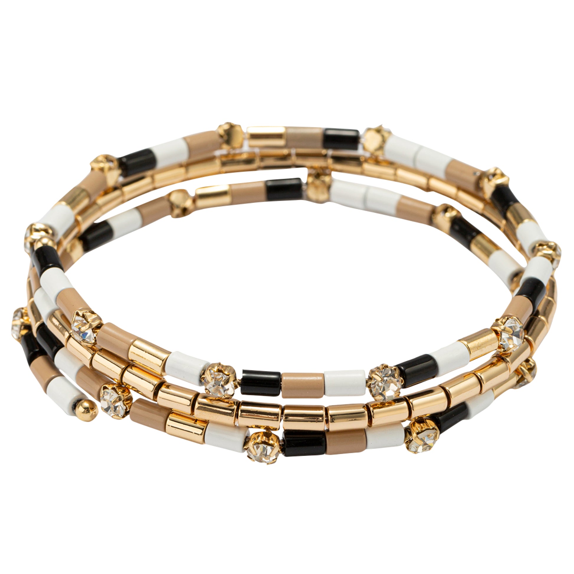 Black, Tan, White, Gold Beaded Clear Crystal Accents Coil Wrap Bracelet