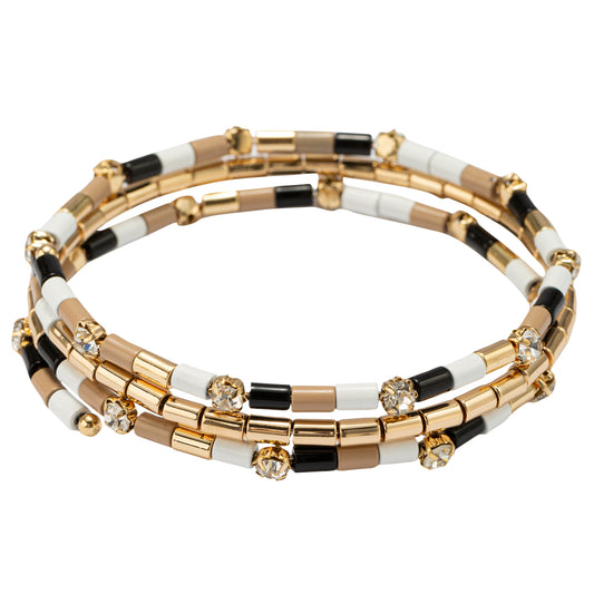 Black, Tan, White, Gold Beaded Clear Crystal Accents Coil Wrap Bracelet