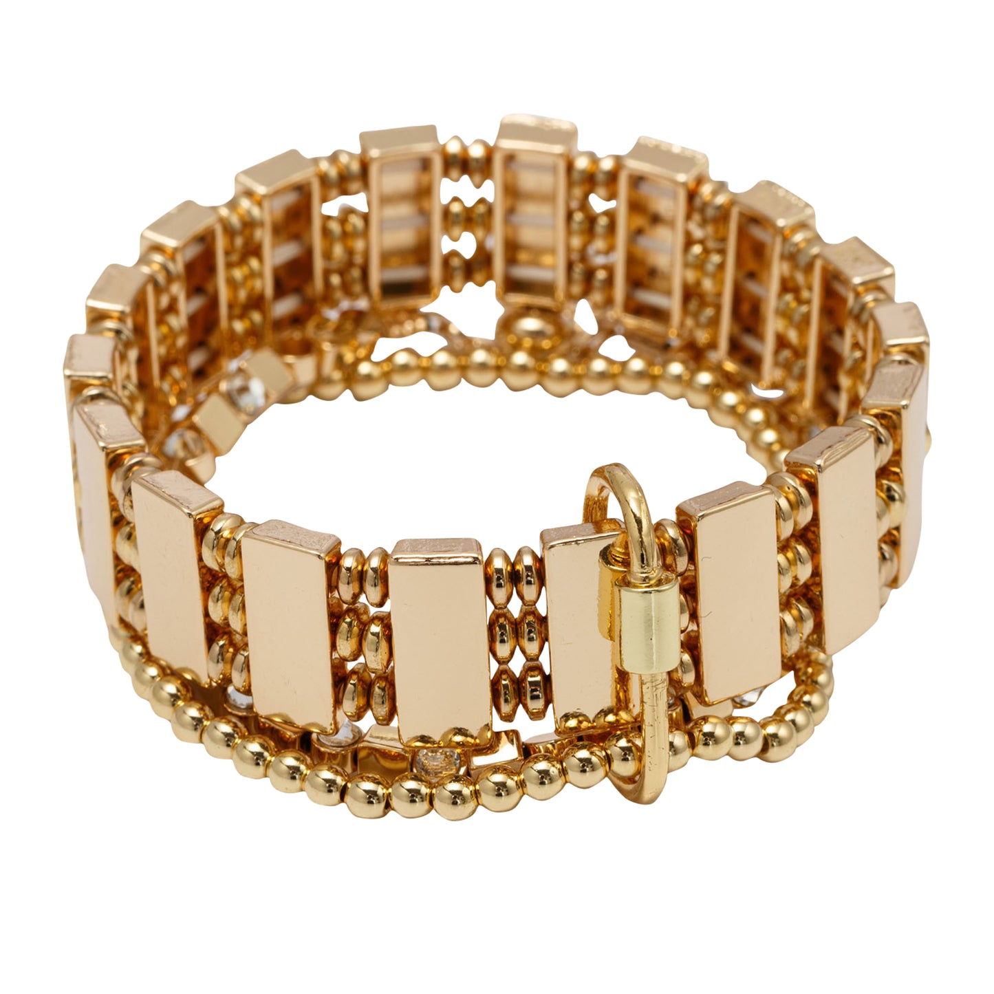 Set of 3 Gold Beaded Large Rectangles with Gold Spacers with Clear Crystal Accents Bracelets