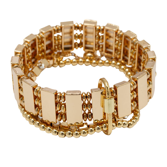 Set of 3 Gold Beaded Large Rectangles with Gold Spacers with Clear Crystal Accents Bracelets