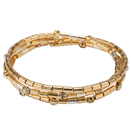 Gold Beaded with Clear Crystal Accents Coil Wrap Bracelet
