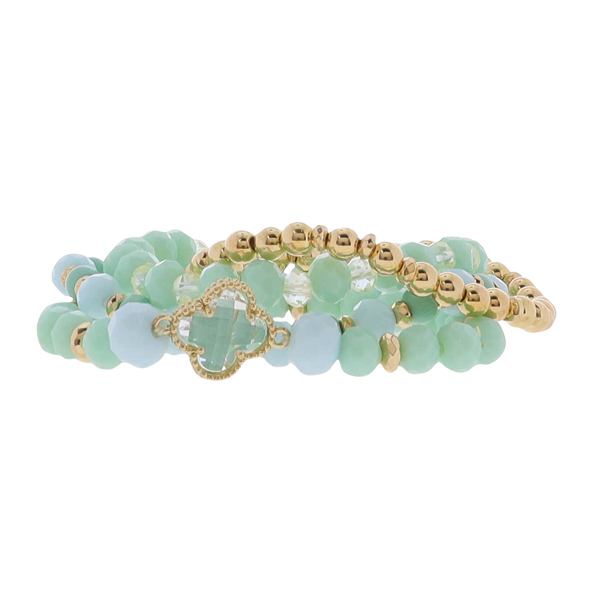 Set of 4 Mint, Light Blue, Gold beaded with Clear Crystal Quatrefoil Bracelet