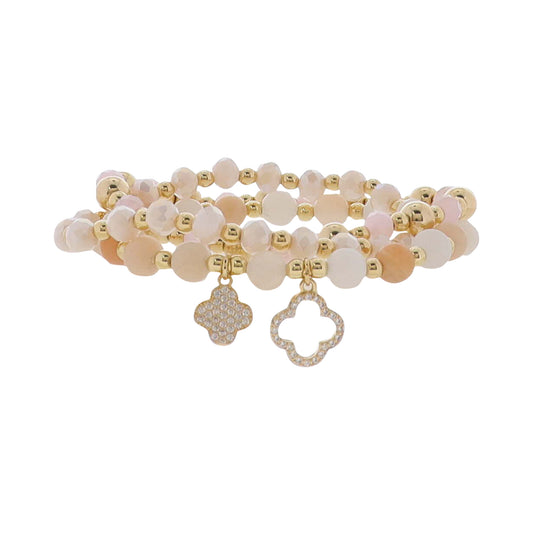 Set of 3 Pink Toned Beaded with Pink Natural Stone Strand & Quatrefoil Charms Bracelet