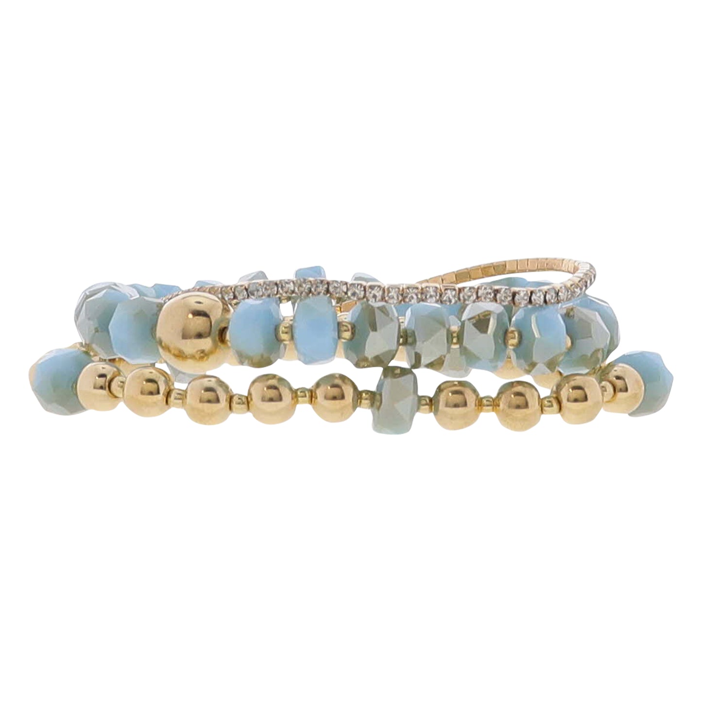 Set of 3 Blue, Green Gold Beaded with Clear Crystal Strand & Gold Ball Bracelet