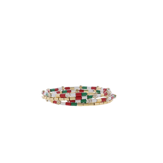 Green, Red, White, Gold Beaded Bracelet with Clear Crystal Accents