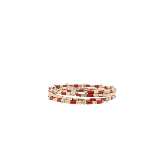 Red, Gold Beaded Bracelet with Clear Crystal Accents
