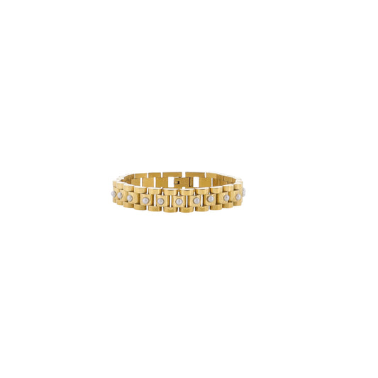 Gold Chain Link Watch band Bracelet with Foldover Clasp Closure and Pearl Accents