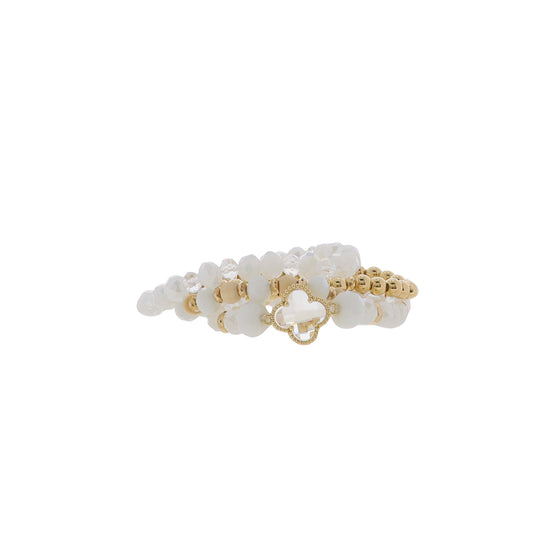 Set of 4 White, Clear, Gold Faceted Beaded with Clear Crystal Quatrefoil Bracelet