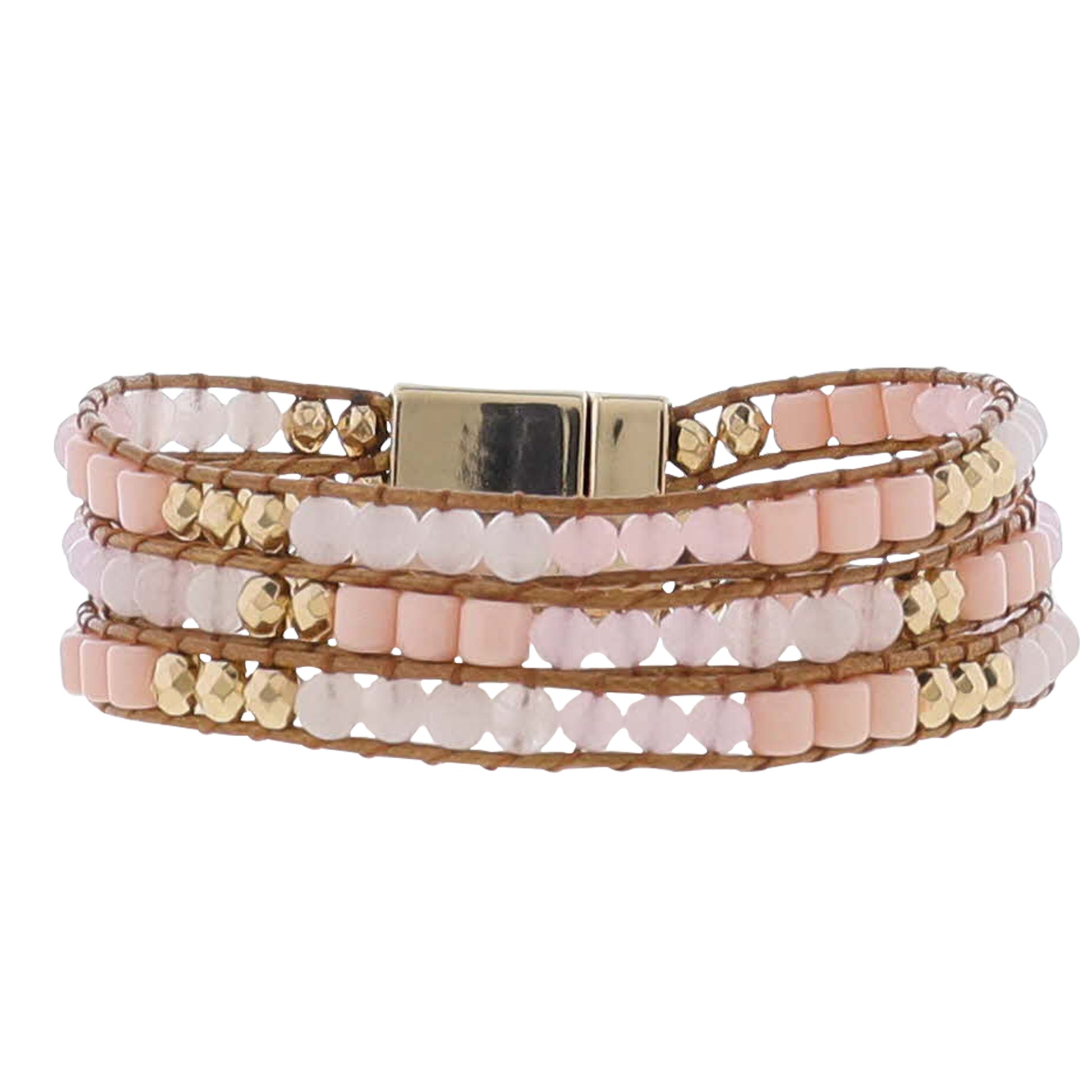Pink, Light Pink, Gold Woven Beaded Bracelet Magnetic Closure