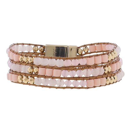 Pink, Light Pink, Gold Woven Beaded Bracelet Magnetic Closure