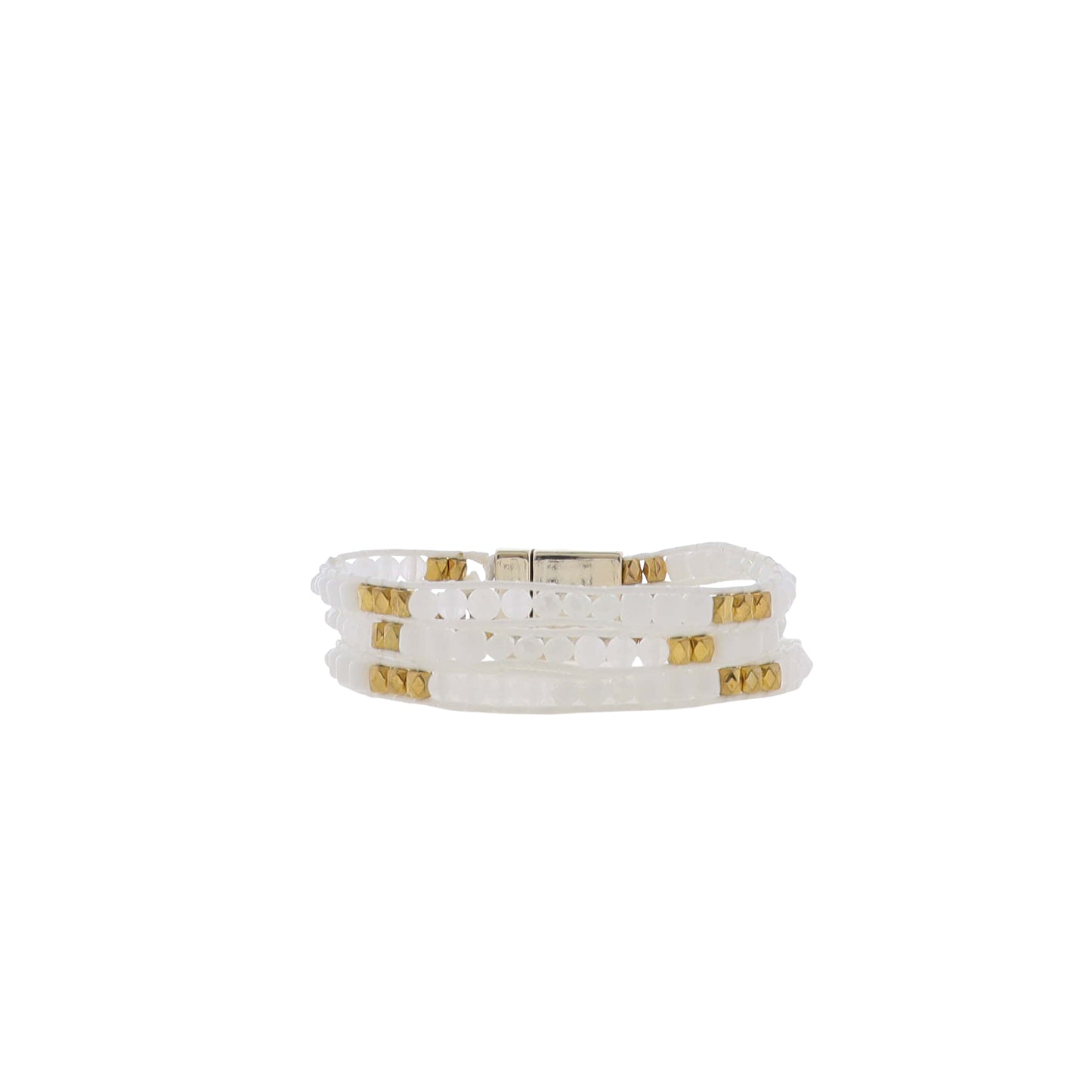 White, Gold Woven Beaded Bracelet Magnetic Closure