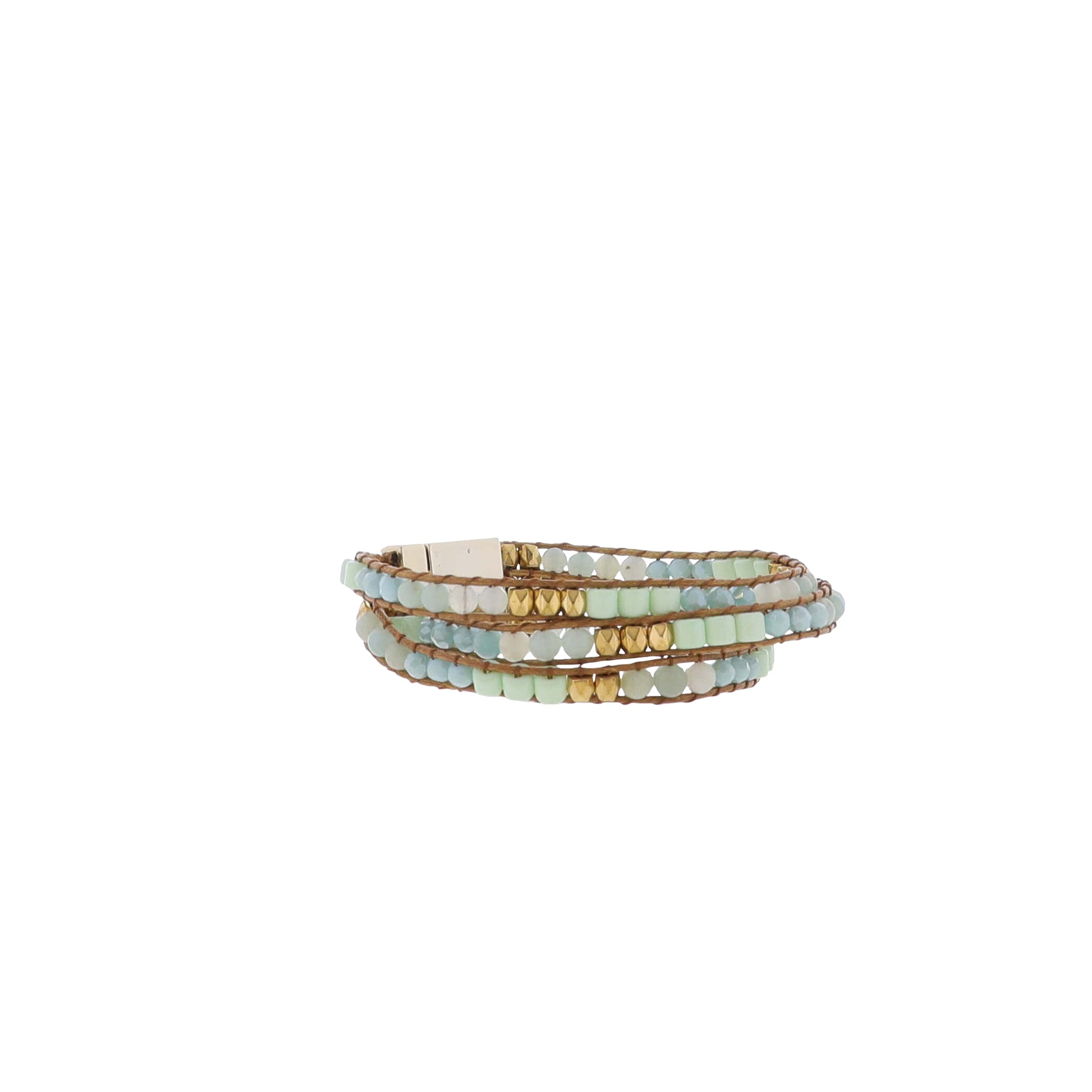 Amazonite, Mint, Gold Woven Beaded Bracelet Magnetic Closure