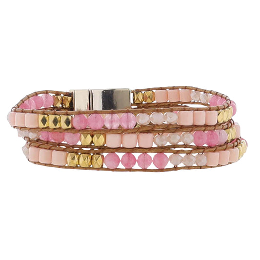 Pink, Gold Woven Beaded Bracelet Magnetic Closure