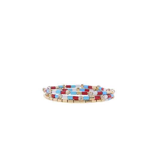 Red, White, Blue, Gold Beaded with Clear Crystal Accents Coil Wrap Bracelet