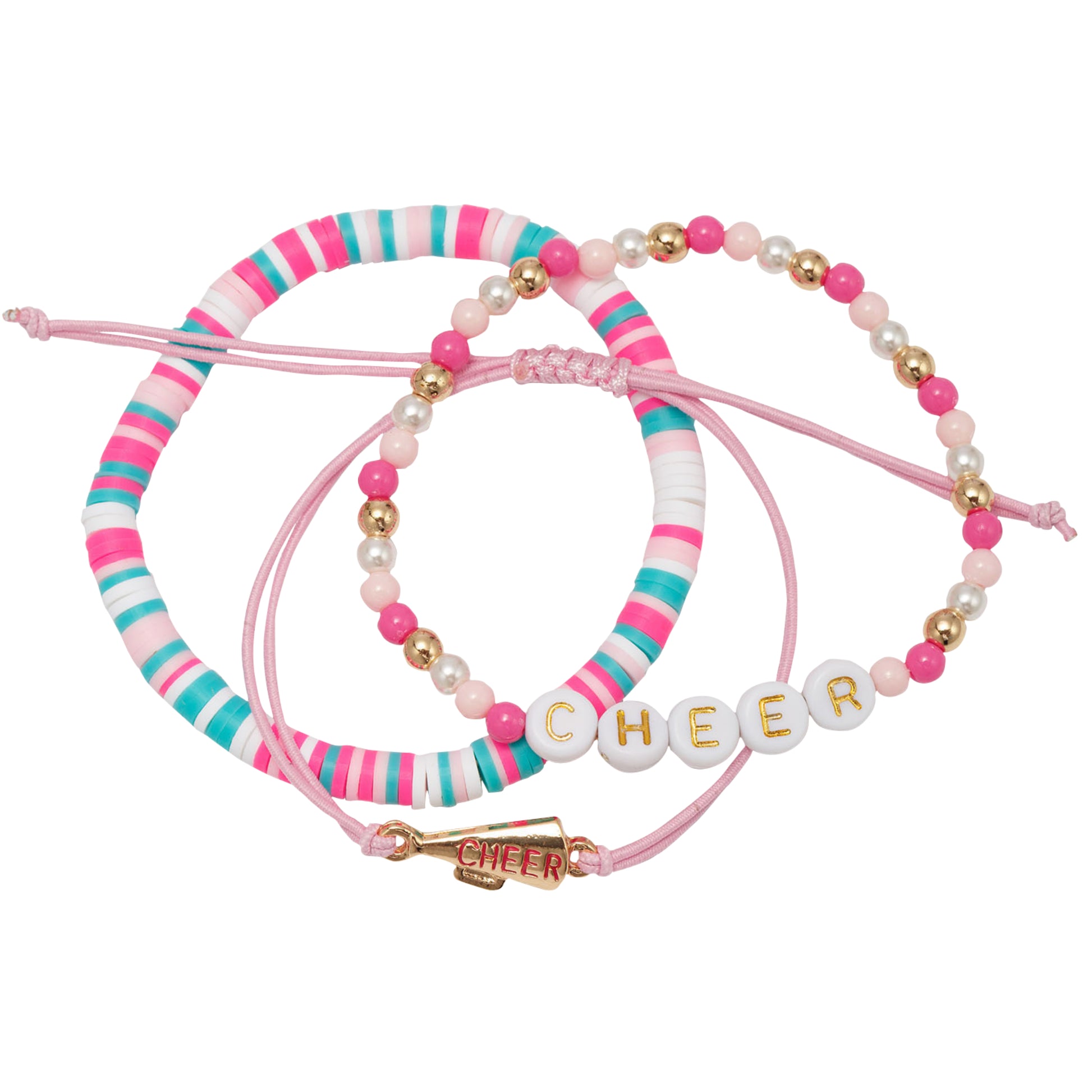 Kids Set of 3, Rubber Disk Strand, Pink Rope Strand, Beaded "Cheer" & Megaphone Bracelet