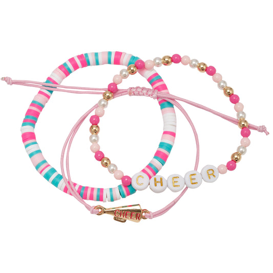 Kids Set of 3, Rubber Disk Strand, Pink Rope Strand, Beaded "Cheer" & Megaphone Bracelet