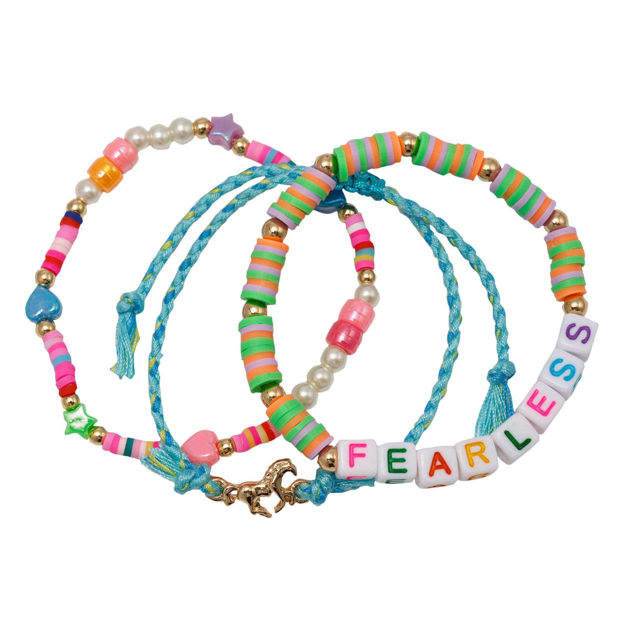 Kids Set of 3, Rubber Disk Strand, Braided Blue Rope Strand, Beaded "Fearless" & Horse Bracelet