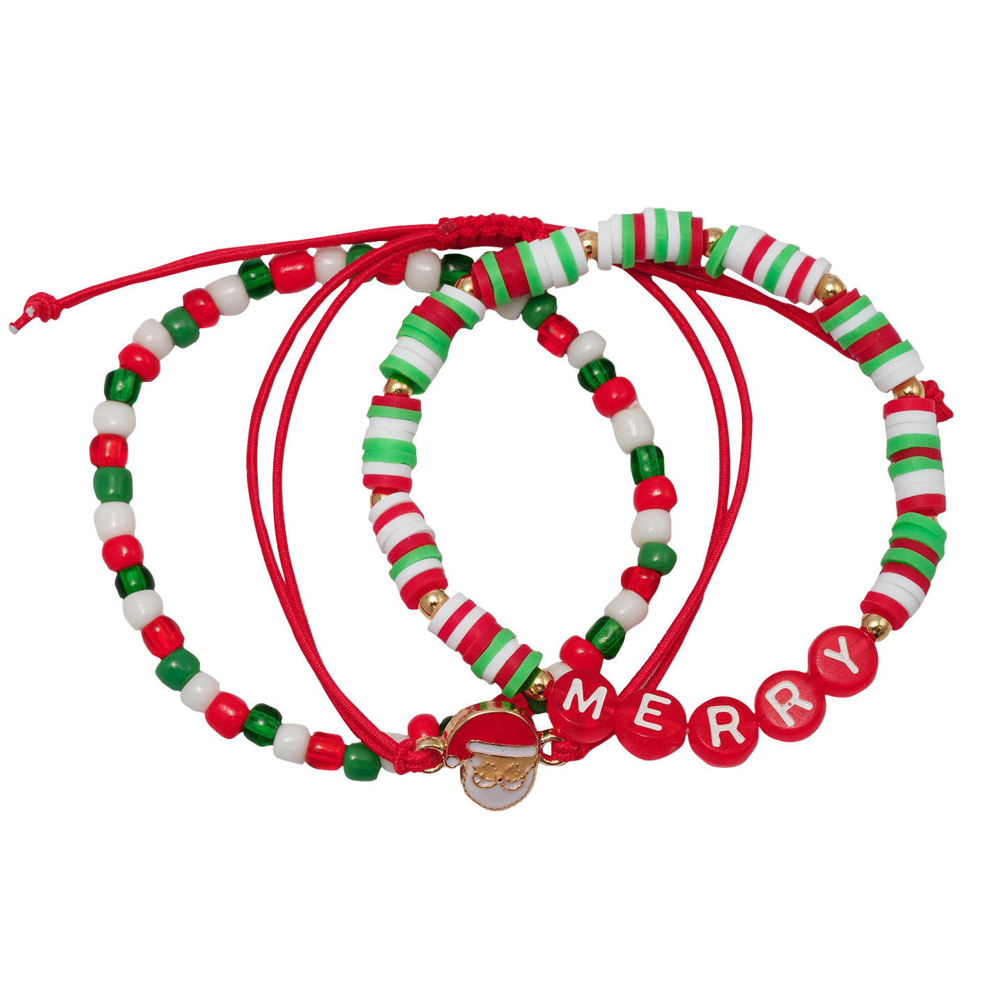 Kids Red, White, Green Rubber Disk, Beaded, Rope Stretch, Pulley Bracelet with "Merry" & Red Santa
