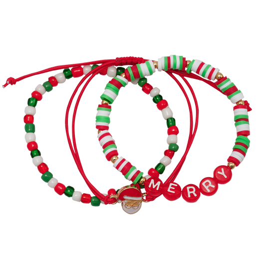 Kids Red, White, Green Rubber Disk, Beaded, Rope Stretch, Pulley Bracelet with "Merry" & Red Santa