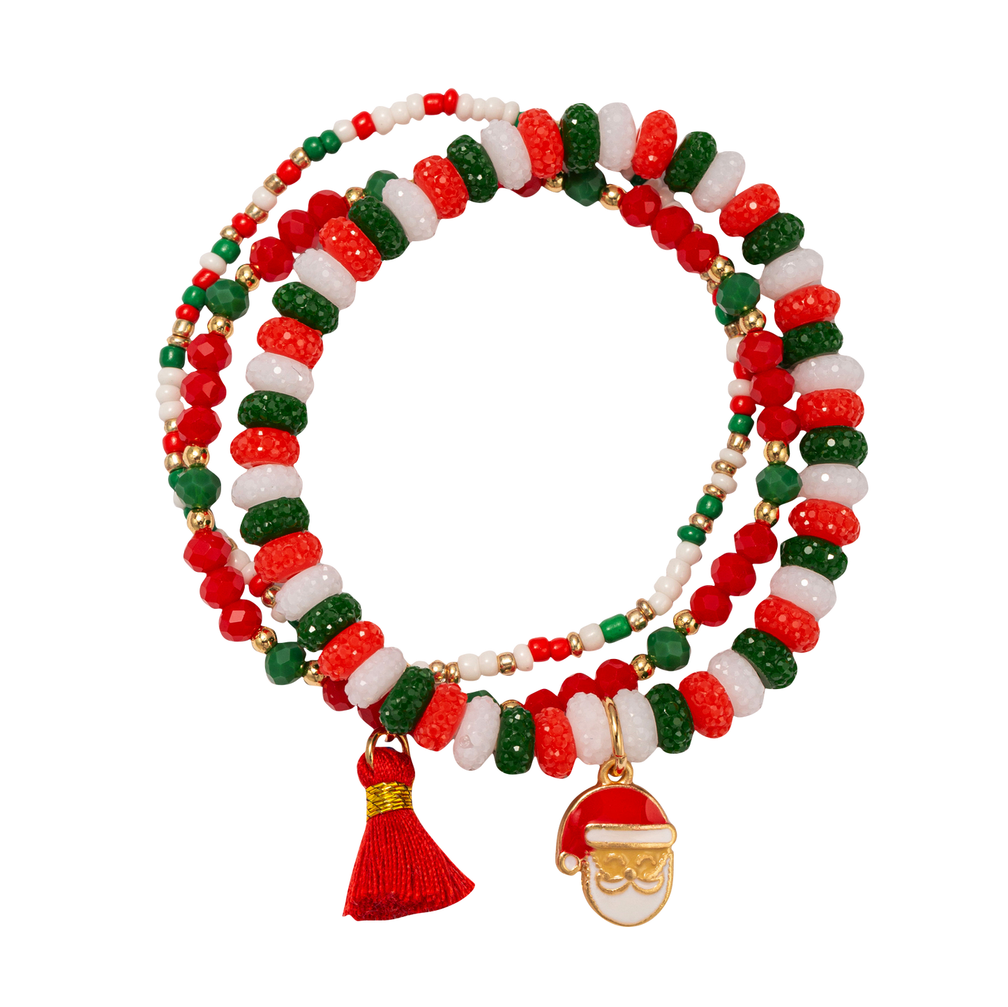Kids Red, White, Green Beaded Stretch Bracelet with Red Santa