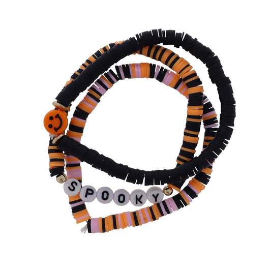 Set of 3 Orange, Black, Pink Rubber Disk Beaded Bracelets with Smiley Face & "Spooky"