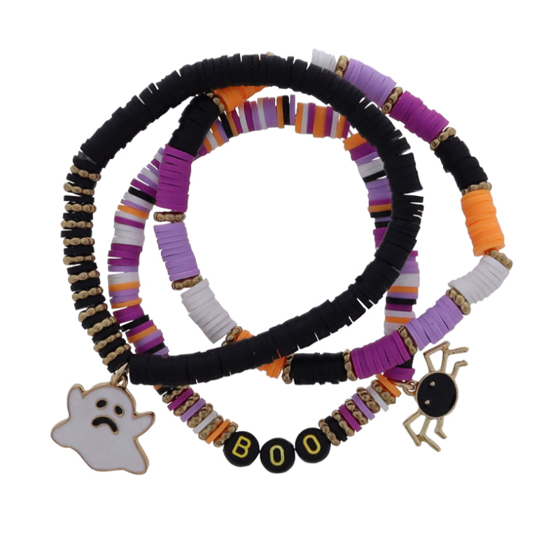 Set of 3 Purple, Lavender, Orange, Black, White Rubber Beaded Bracelets with "Boo", Spider & Ghost