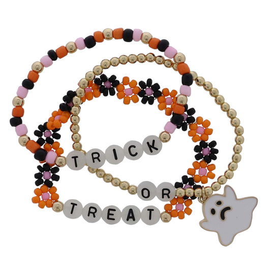 Kids Set of 3 Black, Orange, Pink, Gold Beaded Bracelets with Glow in the Dark "Trick or Treat"