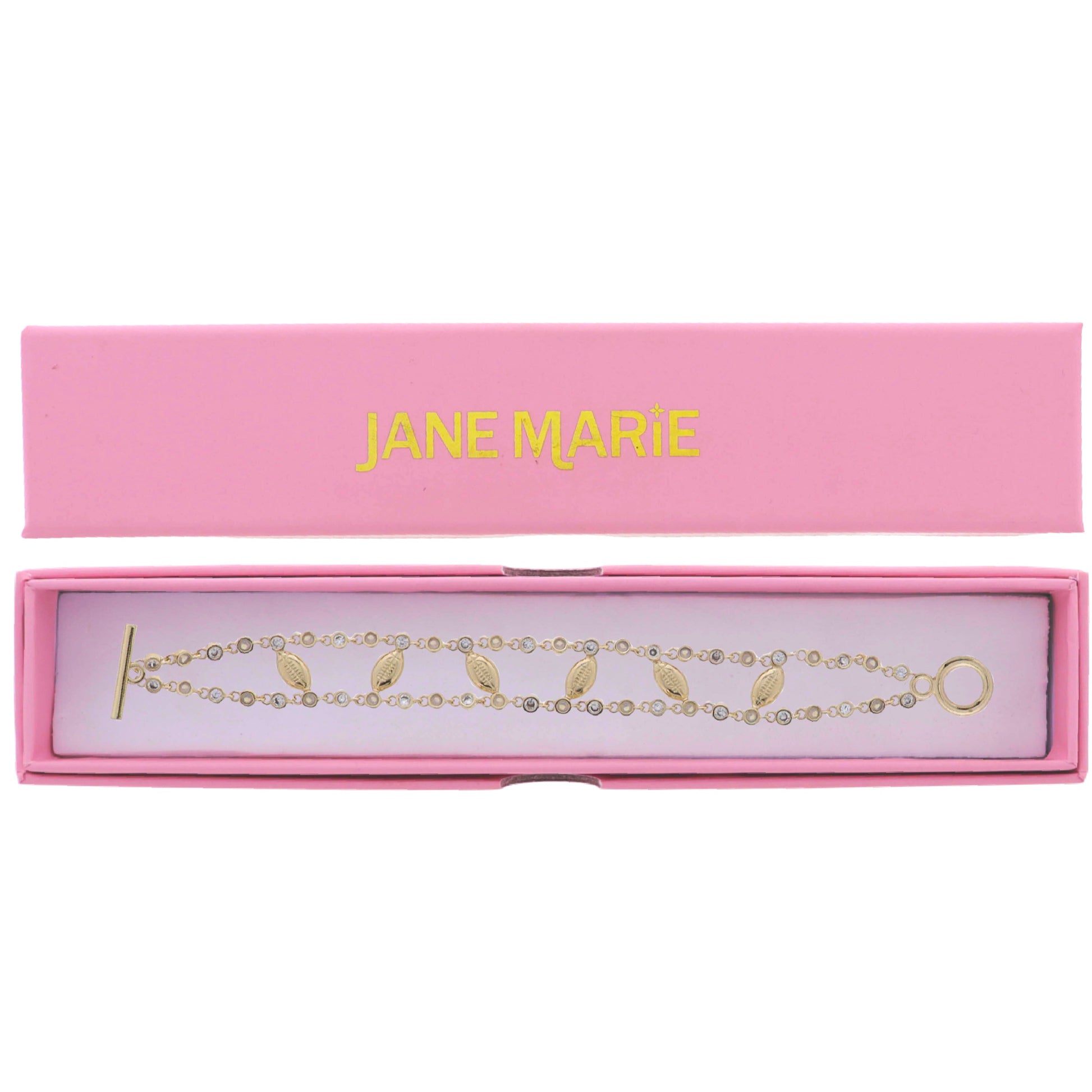 18K Gold Plated Gold, Moonstone & Clear Encased Crystal Link Chain Bracelet with Gold Footballs